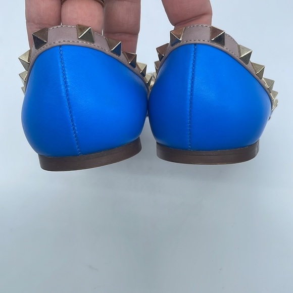 Valentino Garavani Blue leather beige trim Rockstud Ballerina flats 37.5 - Picture 3 of 12